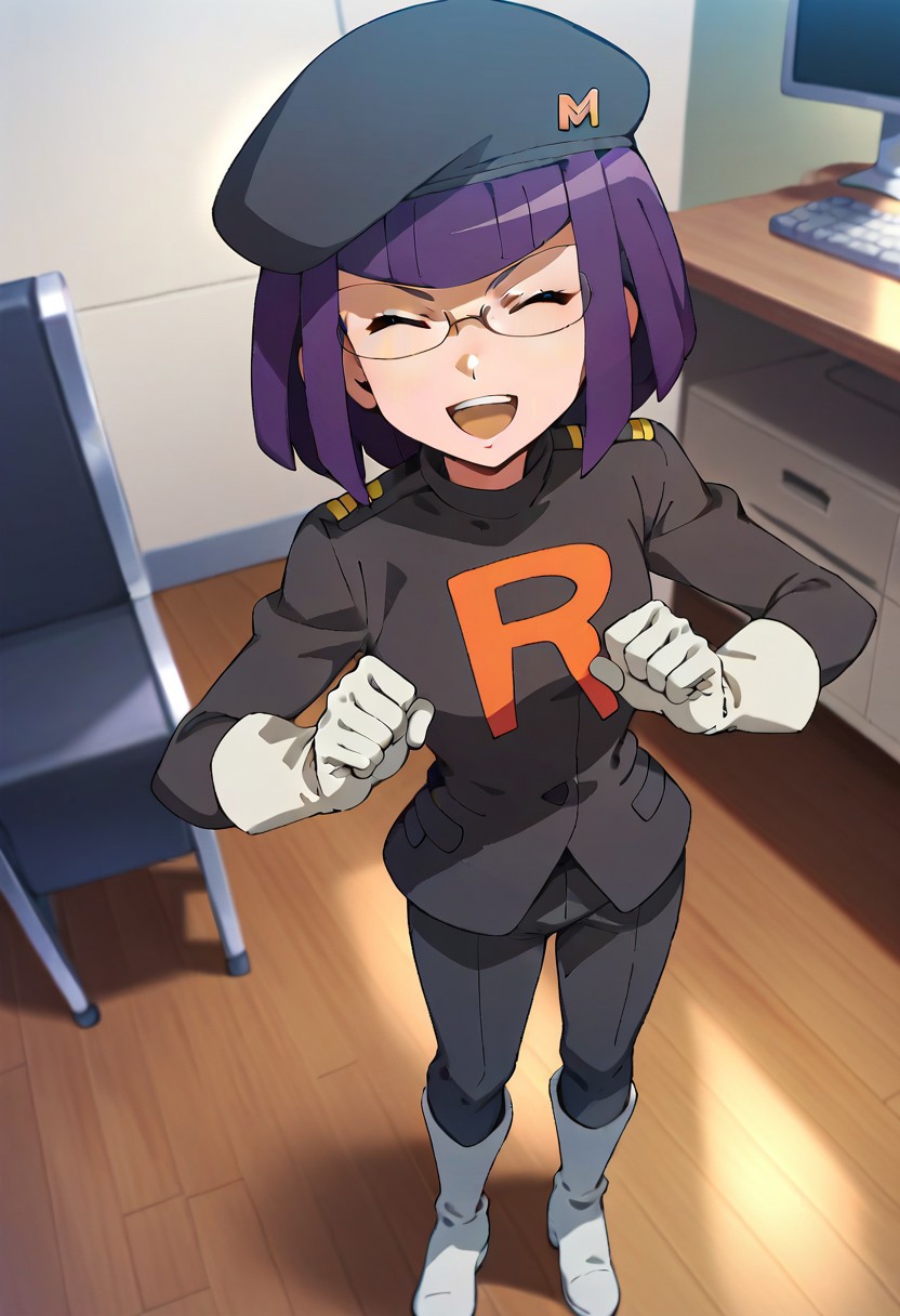 score_9,score_8_up,score_7_up,score_6_up, easynegative, negative_hand,
pkmnmatori, 1girl, purple eyes, glasses, purple hair, short hair, blunt bangs
matoritr, team rocket, hat, black headwear, black jacket, white gloves, black pants, white boots
standing, arms crossed, indoor, office, laughing, eyes closed, open mouth,