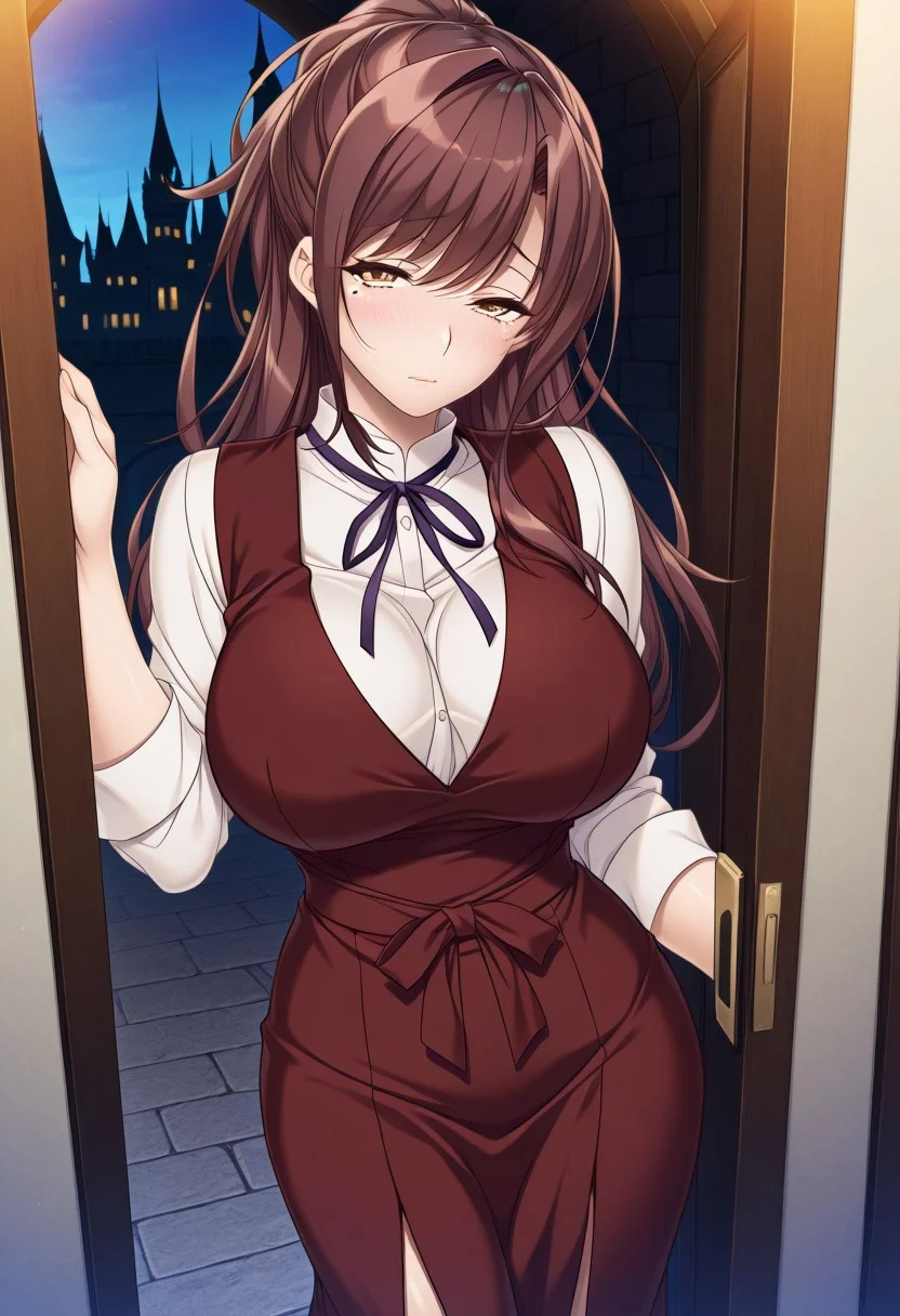 masterpiece, best quality, newest, highres, uncensored, 1girl, yokota mamoru style,1girl,looking at the viewer,shy
Tachibana Iori,Brown Hair, Ponytail, Sidehair, Straight Hair, Waist Length Hair,Long Hair,Amber Eyes,Big Breasts, Mole, Slim,Ribbon Tie, Vest
Dress, castle, change clothes, look through the cracks in the door.