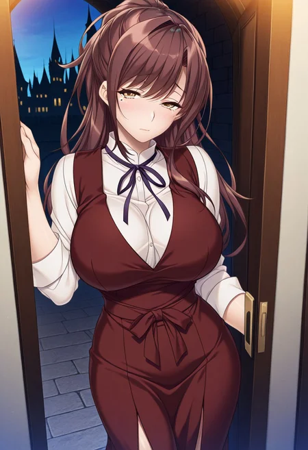 masterpiece, best quality, newest, highres, uncensored, 1girl, yokota mamoru style,1girl,looking at the viewer,shy
Tachibana Iori,Brown Hair, Ponytail, Sidehair, Straight Hair, Waist Length Hair,Long Hair,Amber Eyes,Big Breasts, Mole, Slim,Ribbon Tie, Vest
Dress, castle, change clothes, look through the cracks in the door.