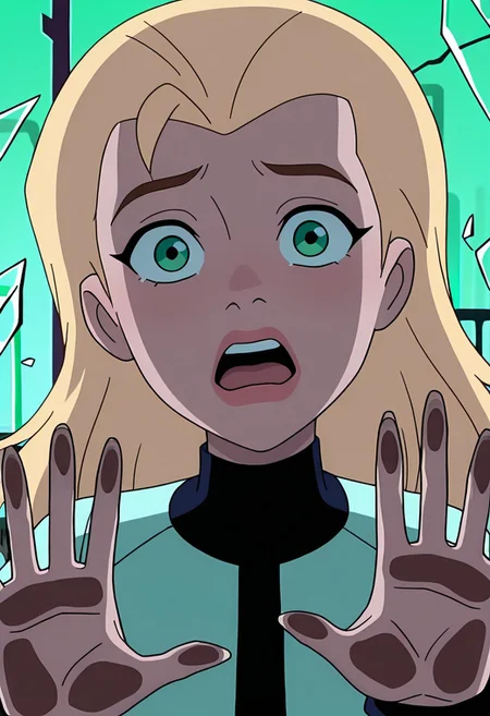 masterpiece, best quality, amazing quality, very aesthetic, absurdres, newest, ((parody, cartoon, screencap))
eunice, 1girl, long hair, blonde hair, lips, , eye liner, 
 expressive, facial expression, green eyes, 
scared, hands on glass, green test tube, open mouth, green gas, sci fi lab, broken glass,