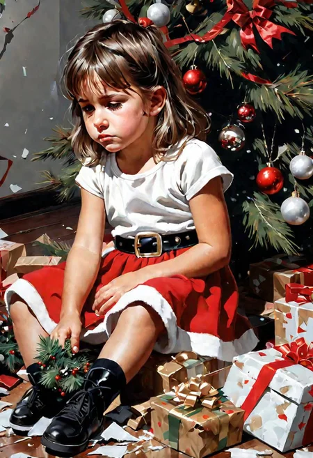 Close-up portrait, stylized works by Greg Rutkowski, Frank Frazetta,Little girl sitting crying next to a broken Christmas tree and trashed presents, tree on the floor, Banksy style, black, white, red highlights , artists style illustrations like WLOP at Studio Ghibli Genshin.