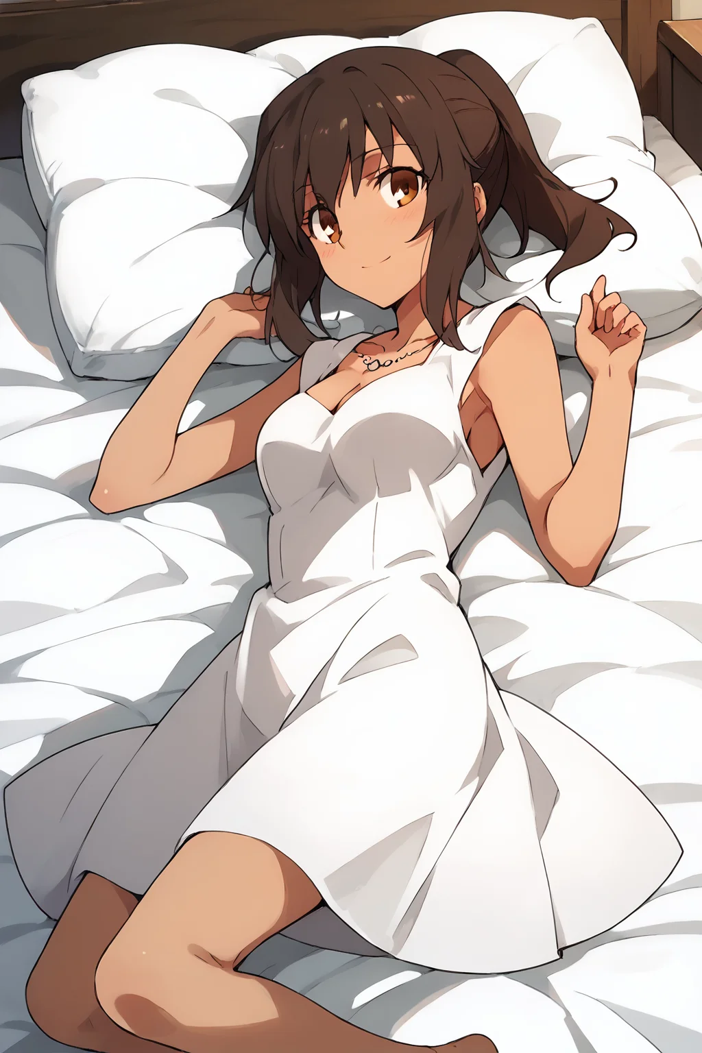 score_9, score_8_up, score_7_up, , score_ANIME, ,fateshirley, 1girl, solo, brown hair, short ponytail, brown eyes, white dress, sleeveless, cleavage, cowboy shot, necklace, dark skin, , <lora:shirley_fate_pony:1> (lying:1.5), on side, on bed, smile, blush, ,medium breasts, full body,