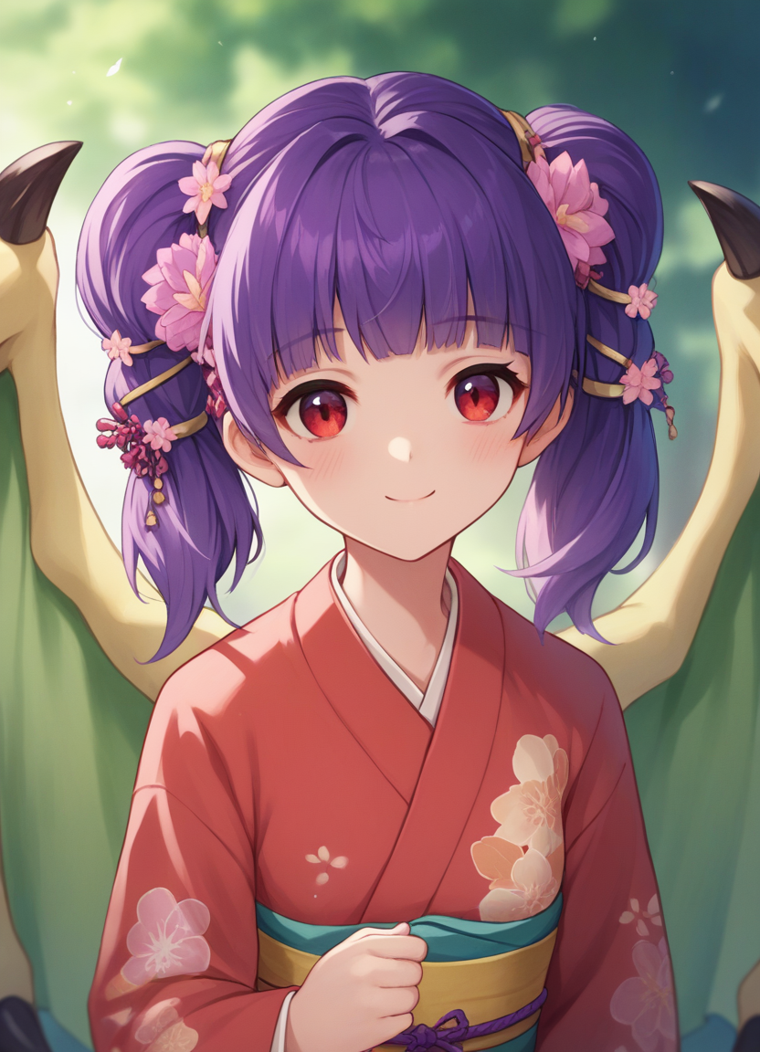source_anime, score_9, score_8_up, score_7_up, score_6_up, score_5_up, score_4_up, 
1girl, solo, looking at viewer, blush, smile, hair ornament, red eyes, long sleeves, twintails, closed mouth, upper body, purple hair, flower, japanese clothes, hair flower, kimono, dragon wings, multi-tied hair,
<lora:myrrhXL:1>