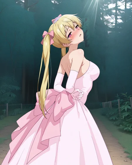 masterpiece, best quality, newest, absurdres, highres, 1girl, solo, <lora:IL\character\Eroge\Janne_Grenoble_Inda_no_Himekishi_Janne_v5.safetensors:1.0>, twintails, twintail ribbons, alt version, long hair,pink wedding dress, wedding dress, pink wedding elbow gloves, wedding elbow gloves, standing, arched back, arms behind back, looking at viewer, form side, head tilt, mind control, empty eyes, half-closed eyes, torogao, nose blush, <lora:IL\background\99coins_japanese_central_forest_illu.safetensors:0.8>, forest, tree, outdoors, nature, plant, grass, path, fence, day, sunlight, sky,