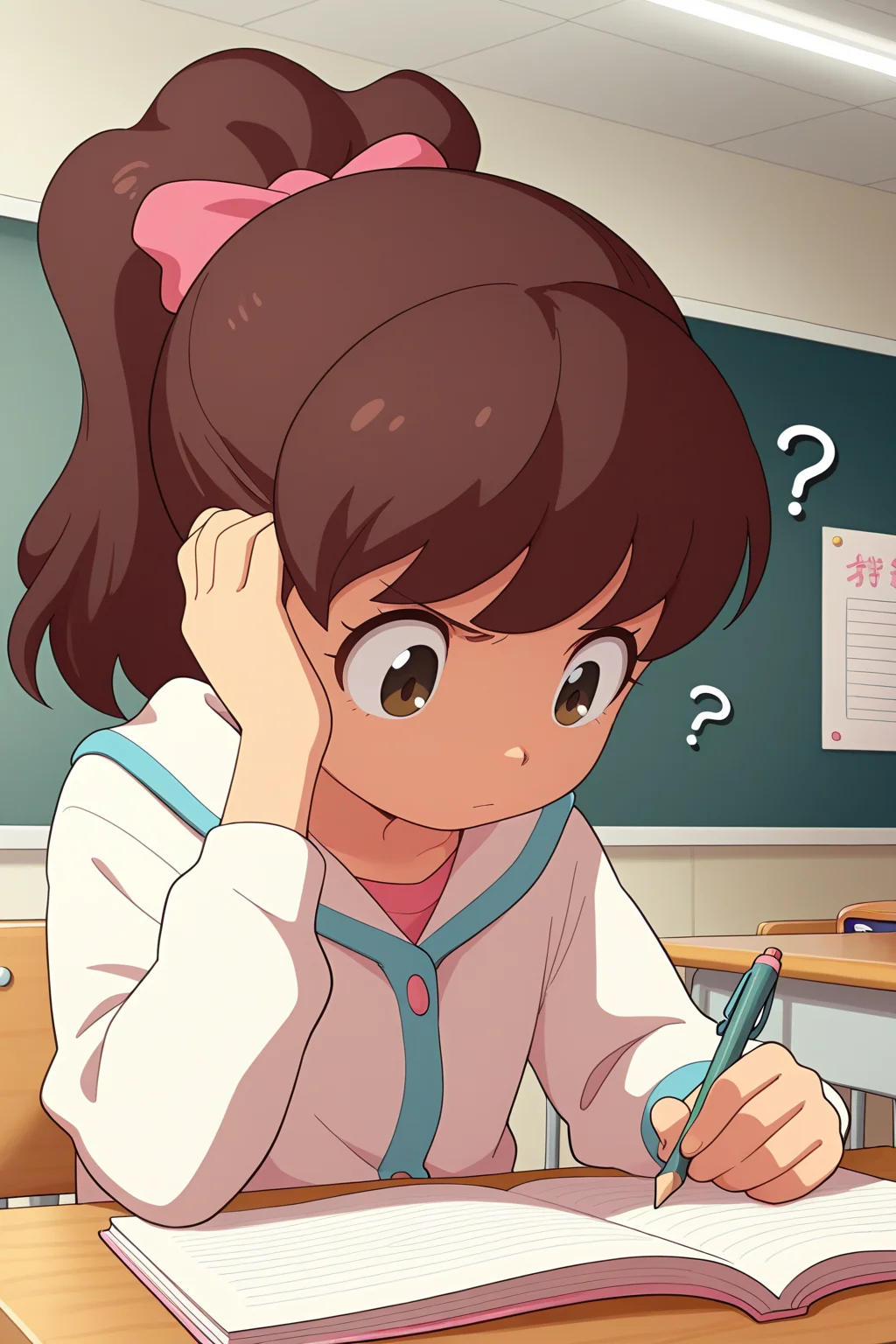 masterpiece, best quality, amazing quality, absurdres, kodamafumika, brown hair, high ponytail, solo, serious, confused, thinking, hand on own head, holding pencil, sitting, looking down, white jacket, upper body, indoors, classroom, school, school desk, notebook, open notebook