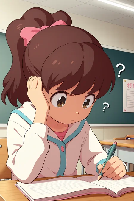 masterpiece, best quality, amazing quality, absurdres, kodamafumika, brown hair, high ponytail, solo, serious, confused, thinking, hand on own head, holding pencil, sitting, looking down, white jacket, upper body, indoors, classroom, school, school desk, notebook, open notebook
