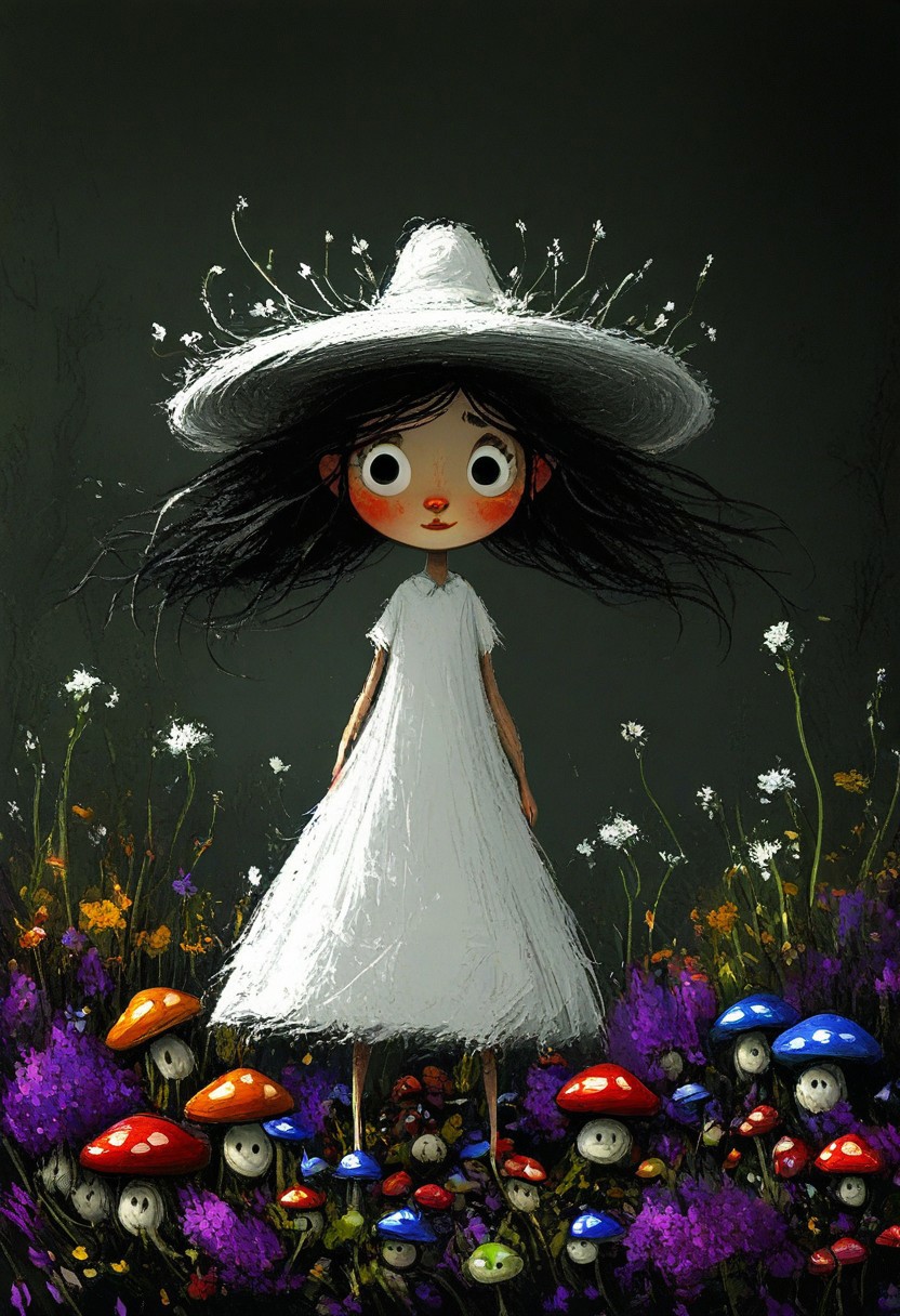 girl, little, black hair, white summer hat, poison mushrooms meadow, colorful blooms, dark forest, round face, large eyes, tim burton style, dark whimsical, detailed
