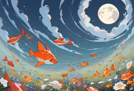 score_9, score_8_up, score_7_up, score_6_up,
nature background, flowers, flower, clouds, fields, flower field, night time, dark county side, moon in the sky, huge moon, glowing moon, white glow, horizon view, flat horizon
flying fish, fish floating, fish swimming thriugh the sky, betta fish, multi colour fish, swarm of fish, 30 fish, huge swarm of fish,fish ,Aquatic life, swarm of fish around a big fish, large goldfish, goldfish, large fish, dragon fish, dragon gold fish