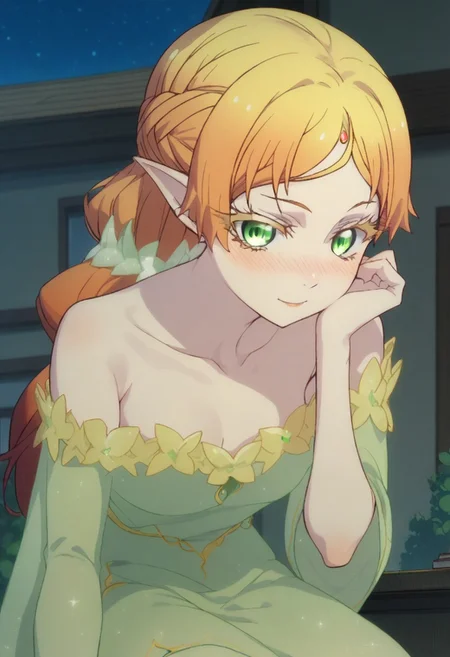 score_9, score_8_up, score_7_up, professional anime,HD,1girl,solo, (elf from isekai ojisan), perfect body,short female,petite body,wide hips,cute girl,elf, ccc,dress,