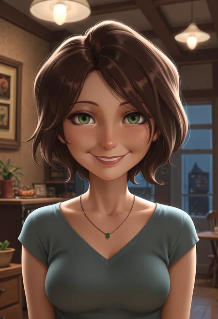 1girl,solo,cass,mature female,brown hair,short hair,green eyes,
shirt,upper body, looking at viewer, smile,indoors
,masterpiece,best quality,amazing quality,<lora:Cass-Big_Hero_6_ix:0.8>