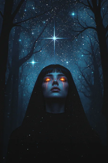 <lora:dark-fantasy:0.5>,<lora:Midjourney_Whisper_Chromaplex_Velvet_Myst_v01:0.4>,Psychobilly,Bronzepunk,Screenprint,Abstract Expressionism,Libertywave,As the night sky fades into darkness,a lone figure gazes up at the stars,their glowing eyes gleaming with an otherworldly energy. Stars twinkle and dance in the stillness of the night,their melodic voices echoing through the forest. Cybergoth Fashion,Primitivism,cinematic,dynamic dramatic composition,illustrious,handsome,