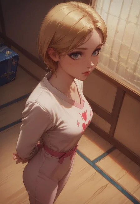 score_9, score_8_up, score_7_up, pinup girl pose, Expressiveh, a sexy girl in white pajamas sits on a tatami mat, mouth slightly open shyly, close on face, bookcase and window in background, short blonde boy-cut hair , pin-up eyeliner, freckles, e-girl makeup, jewel colors, silky sexy pajamas, music decorations, large breasts, perfect face, thin waist, heart-shaped ass, blue and gold themed clothes, pleased look on face, semi realistic, fantastical, from above, looking at viewer, (blonde hair), grey eyes, arms behind back
score_9,score_8_up,score_7_up,very aesthetic ,(masterpiece:1.4), (best quality), (colorful), (detailed) dramatic angle, unique perspective, unique angle, comic book angle and perspective, hands behind back, wide angle,