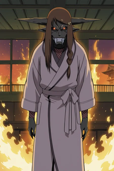 anime screencap, anime coloring, detailed face, masterpiece, best quality, very aesthetic, absurdres, volumetric lighting, official style, amazing quality, ultra detailed,  highres, amazing quality, scenery, beautiful detailed hair, beautiful detailed eyes
outside, burning Japanese building in the background, flames, epic scenery,
 <lora:Yakumo_Kurama_Naruto:1>
Yakumo Beast Form, Yakumo Kurama (character), 1other, solo, horns, long hair, braid, fangs, hair ornament, robe, pointy ears, teeth, standing, brown hair, 
looking a the viewer,