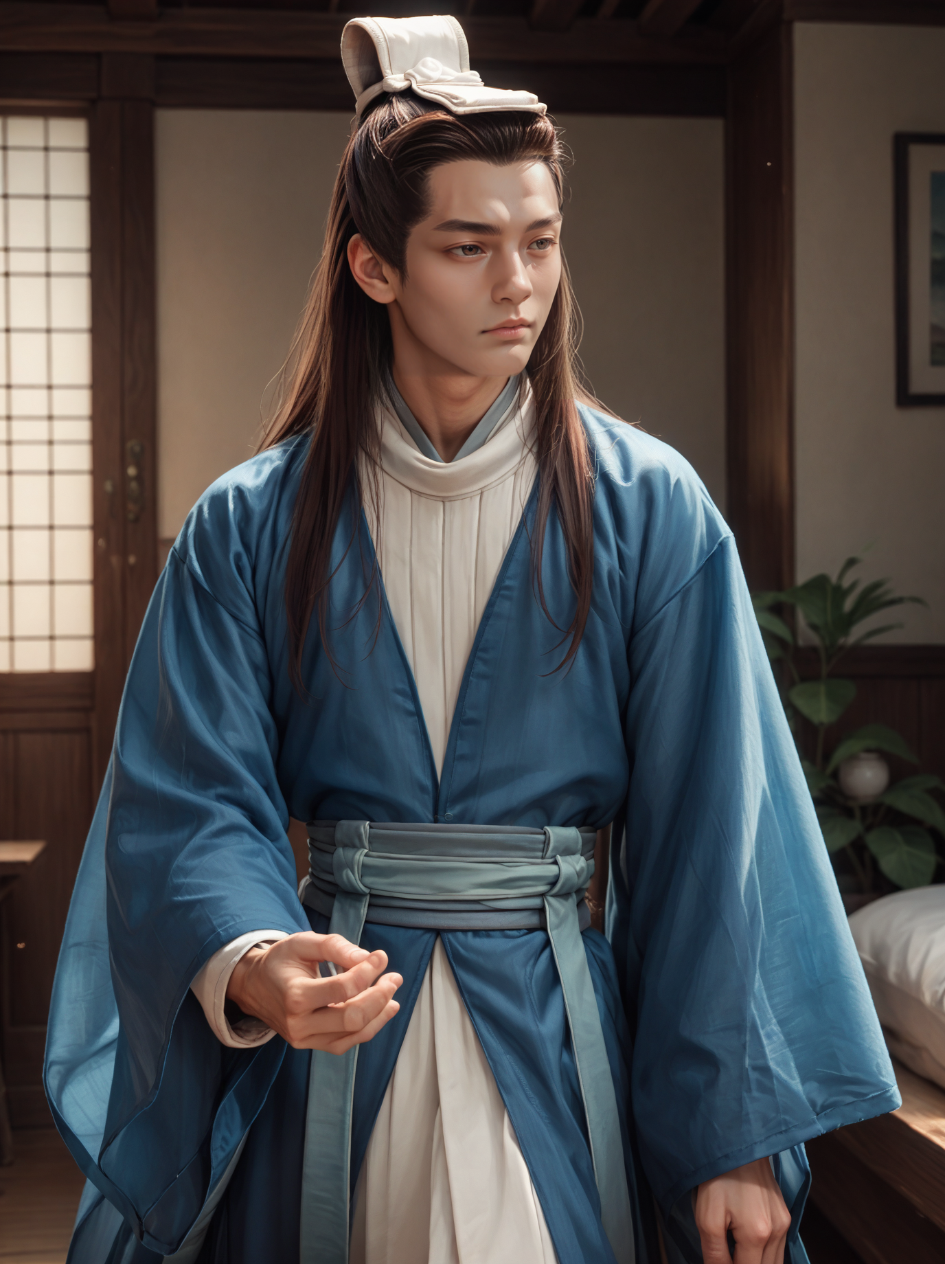 score_9, score_8_up, score_7_up, 1boy, indoors, wide sleeves, long sleeves, blue hanfu, toned, long hair, brown hair, standing, yulexuanb,  single bun, bun cover, detailed realistic photo,  <lora:yulexuanbluesdxlponyv1:0.8>