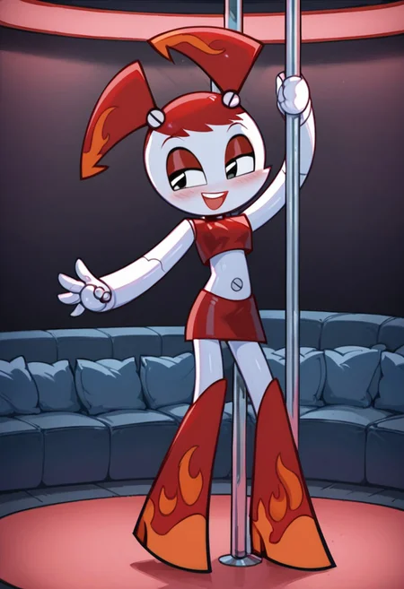 score_9,score_8_up,score_7_up, Expressiveh, Jenny, 1girl, solo, hot rod jenny, robot joints, twintails, red hair, black eyes, red tube top, red skirt, orange flame accents, sexy, come hither, seductive, red blush, red eyeshadow, standing, red knee boots, pole dancing, small breasts,  BREAK, detailed background, pink, pink lighting, indoors, 90s neon lights, stripper stage, dance floor, stripper pole, BREAK, cowboy shot, BREAK, vibrant colors, cinematic lighting, 75% soft lighting, 25% dark lighting