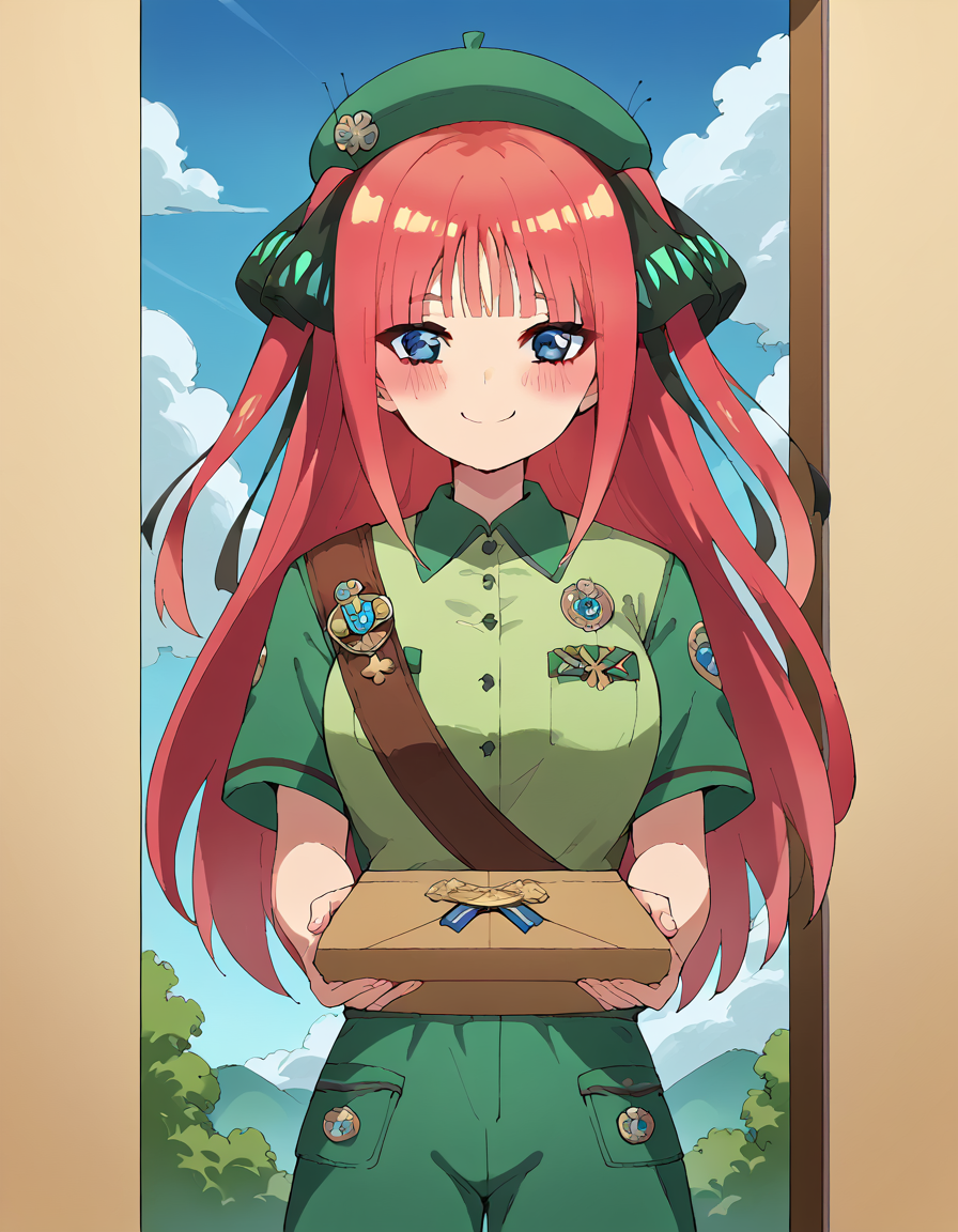 score_9, score_8_up, score_7_up, source_anime, <lora:nnakano-s2-ponyxl-lora-nochekaiser:1>, long hair, bangs, blue eyes, hair ornament, hair ribbon, pink hair, blunt bangs, two side up, butterfly hair ornament, large breasts,, <lora:girl-scout-uniform-ponyxl-lora-nochekaiser:1> girl scout uniform, badge, beret, breast pocket, girl scout, green hat, hat, short sleeves, shirt, green shirt, shoulder sash, medal, button badge, uniform, shorts, green shorts, short shorts, kneehighs,, smile, blush, looking at viewer, blue sky, clouds, entrance, doorway, <lora:incoming-gift-ponyxl-lora-nochekaiser:1>, incoming gift, outstretched arms, holding, holding box, box, cardboard box,, cowboy shot,