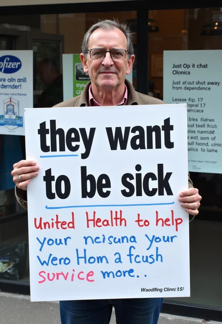 (A very sick individual:1.2), hold sign that reads, "they want you to be sick", standing outside clinic, (posters reading, "United Health to help improve your disease", "pfizer just a shot away from dependence"