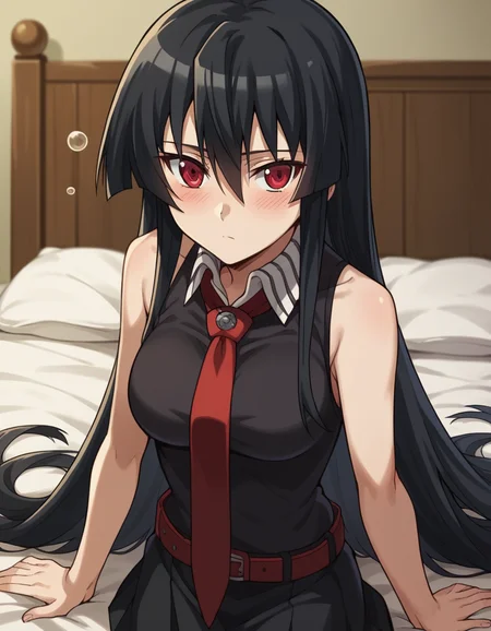 score_9, score_8_up, score_7_up, source_anime,
agkakame, <lora:agk-akame-s1-ponyxl-lora-nochekaiser:1>,
akame, long hair, black hair, red eyes, hair between eyes,
skirt, dress, necktie, sleeveless, belt, shirt, black shirt, collared shirt, red necktie, black skirt,
indoors, bed, bed room, on side, blush, drunk,
cowboy shot, solo, dutch angle, looking at viewer,