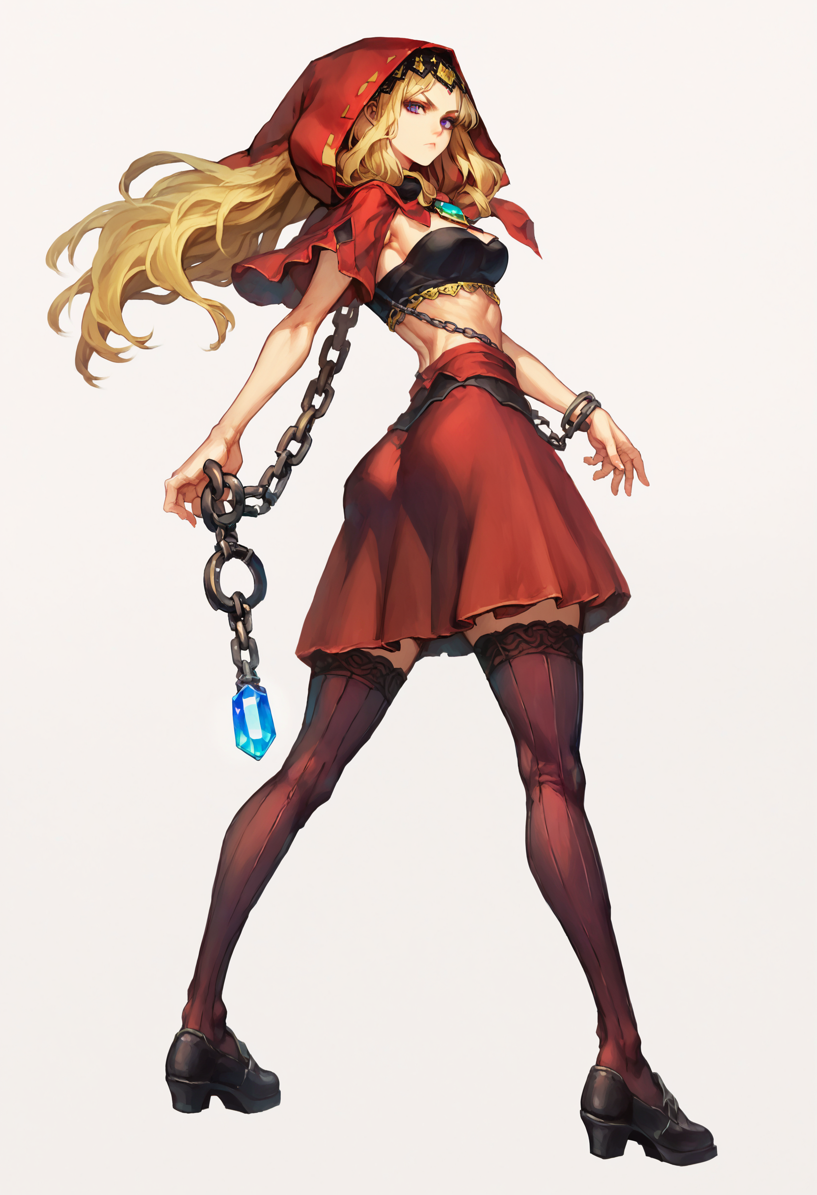 score_9,score_8_up,score_7_up,score_6_up,source_anime,<lora:Vanillaware_XL:1>,solo,1girl,from behind,petite,thin,looking back,looking at viewer,full body,serious,blonde hair,purple eyes,long hair,medium breasts,black crop top,red hood,red skirt,black legwear,black shoes,chain,gem,simple background,white background,