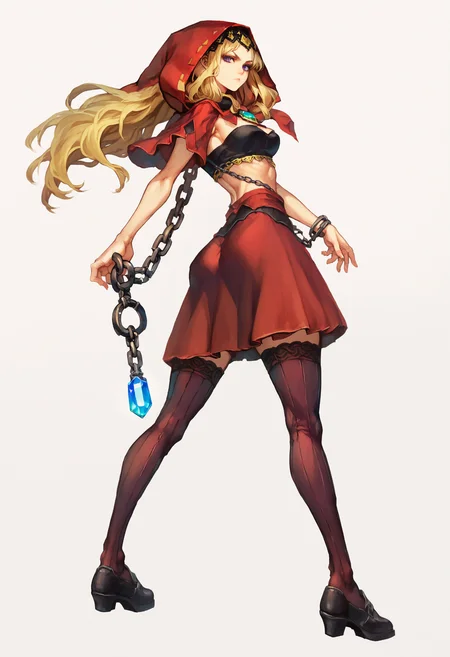 score_9,score_8_up,score_7_up,score_6_up,source_anime,<lora:Vanillaware_XL:1>,solo,1girl,from behind,petite,thin,looking back,looking at viewer,full body,serious,blonde hair,purple eyes,long hair,medium breasts,black crop top,red hood,red skirt,black legwear,black shoes,chain,gem,simple background,white background,