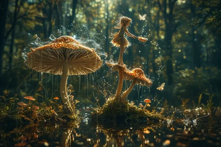 Close up photo of a ((earth fairy)) gliding over mushroom, reflections in the water, night scene. In the style of double exposure, Art Nouveau, long exposure, layered lines, chiaroscuro, absurdres, Long_Exposure ral-exposure, <lora:ral-exposure-sdxl:0.700000>