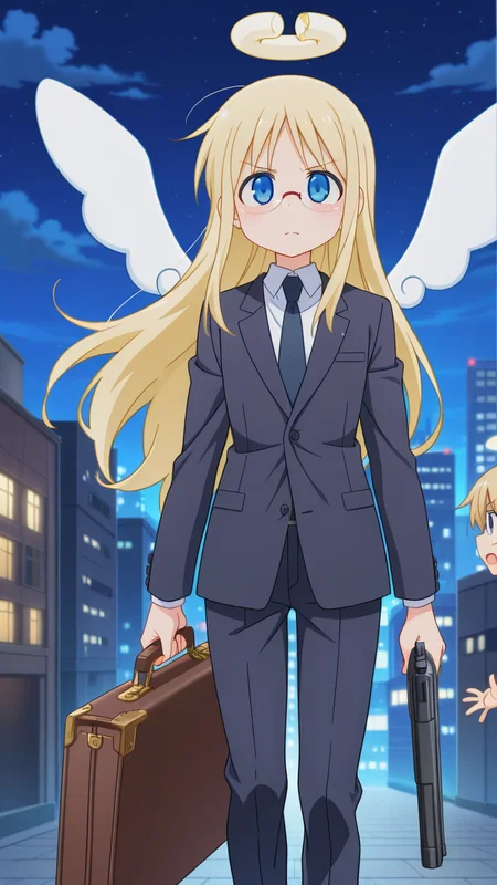 masterpiece, best quality, amazing quality, very aesthetic, absurdres, newest, anime screencap, <lora:crimvaelILM:1>, crimvael, androgynous, halo, broken halo, blonde hair, angel, long hair, blue eyes, angel wings, white wings, 1other, other focus,, suit, briefcase, holding briefcase, gun, holding gun, night, outdoors, modern city, glasses, sunglasses, serious,