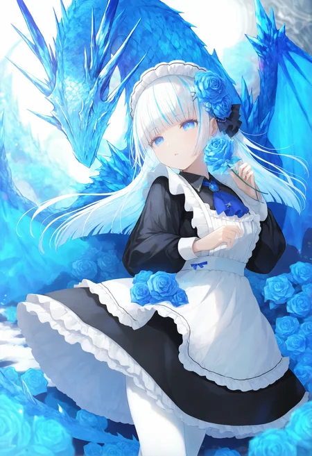 1girl, flower, blue eyes, rose, apron, dress, maid, white hair, solo, blue flower, blue rose, holding, dragon, multicolored hair, long hair, maid apron, maid headdress, frills, white pantyhose, black dress, blue hair, hair flower, pantyhose, hair ornament, frilled dress, blunt bangs, blue theme, streaked hair, puffy sleeves, parted lips, jewelry, holding flower, frilled apron, ascot,
masterpiece,best quality,newest,absurdres,highres,very awa,<lora:negi1_noob1.1-000186:0.9>,