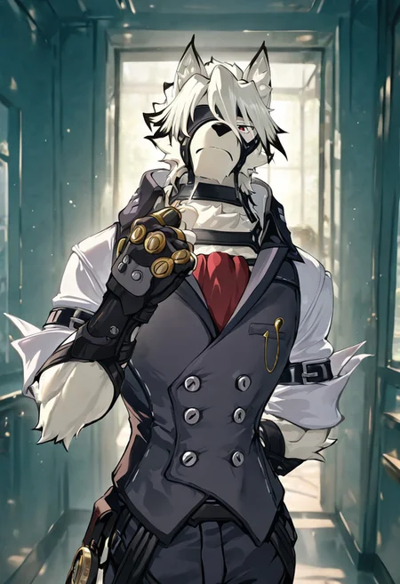 masterpiece, best quality, amazing quality, very aesthetic, absurdres, newest,  high quality, detailed, male, solo male, Von Lycaon, 1boy, mature male, male, athletic build, anthro, wolf, animal ears, white fur, red eyes, white hair, black tipped bangs and ears, broad shoulders, white collared dress shirt, grey collared vest, red tie, rolled up sleeves, black belts around forearms, dark grey slacks, black fingerless gloves, gold rings, gold pocket watch, eyepatch over right eye, standing, half body, looking at pocket watch in hand, checking time, stern expression, one arm behind back, gentleman, butler, indoors, lavish room, office, volumetric lighting