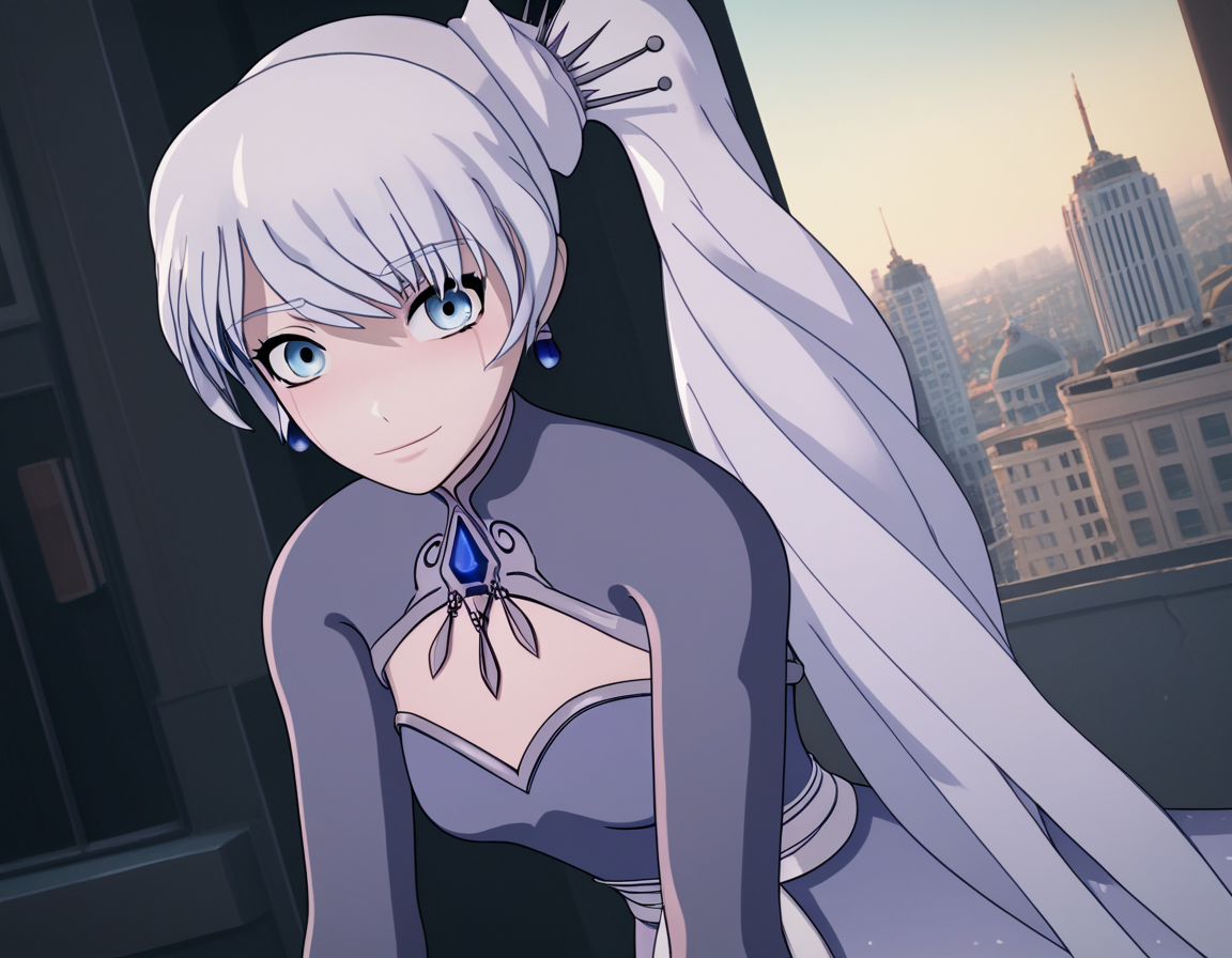score_9, score_8_up, score_7_up, source_anime, <lora:weiss-schnee-ponyxl-lora-nochekaiser:1>, weiss schnee, long hair, blue eyes, hair ornament, ponytail, white hair, side ponytail, scar, tiara, scar on face, scar across eye,, dress, jewelry, earrings, blue dress,, cityscape, street, bent over, smile, looking at viewer, solo, cowboy shot, dutch angle