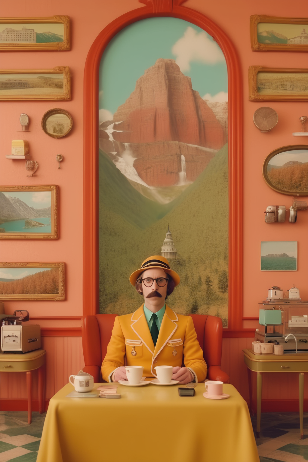 <lora:Director Wes Anderson style:1>Director Wes Anderson style - um computador clssico e um caf, estilo fundo: uma bela vista de uma montanha a partir de uma janela, altamente detalhada