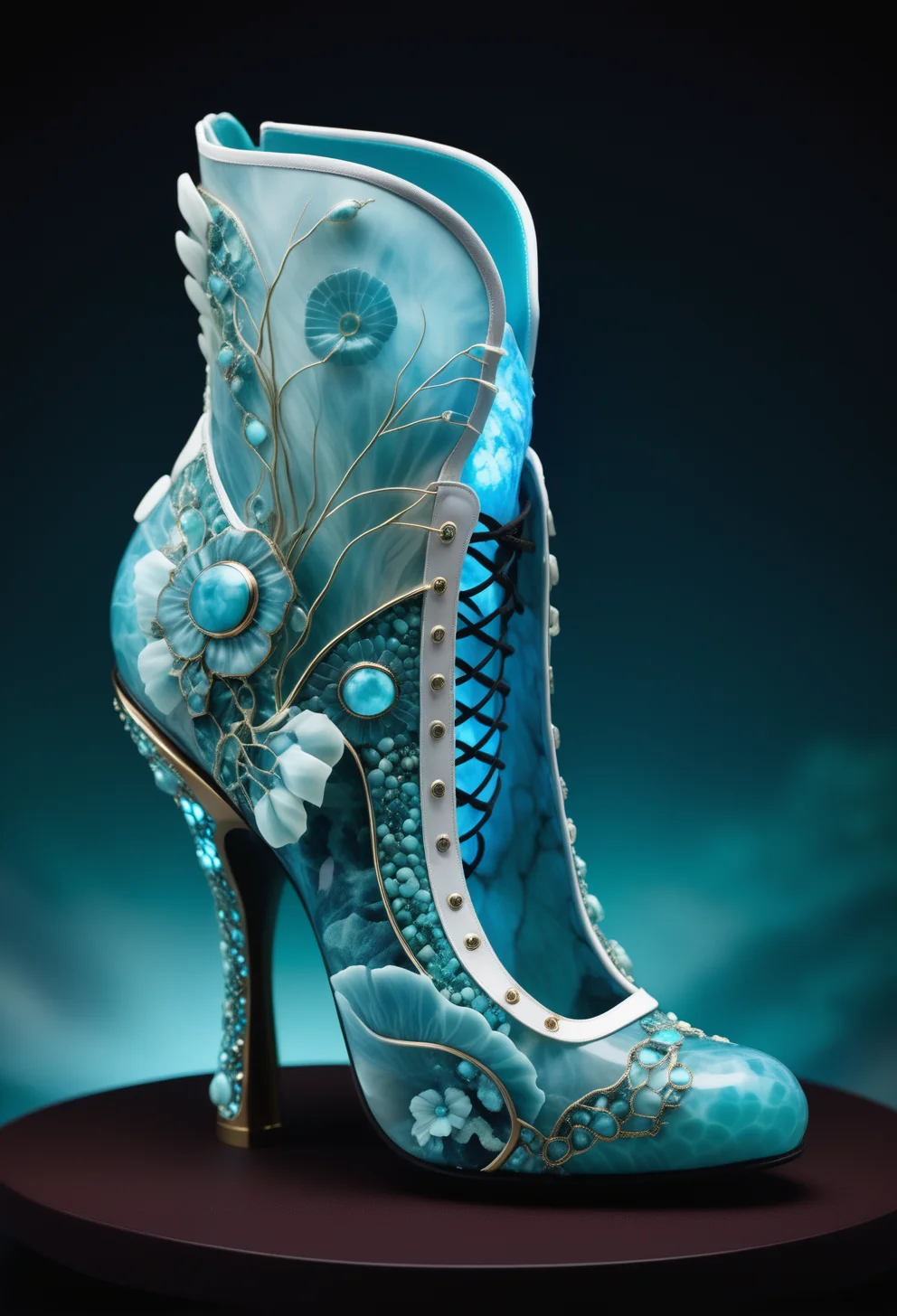 a Haute Couture shoe made out of reij-lmlrmr <lora:lumilarimar-000003:1>, Tattoo ink of a masterpiece, landscape of a Verdant Fields of the Harvest Festival, digital manipulation, flowing, highly decorated, intense, ambient atmosphere, stunning