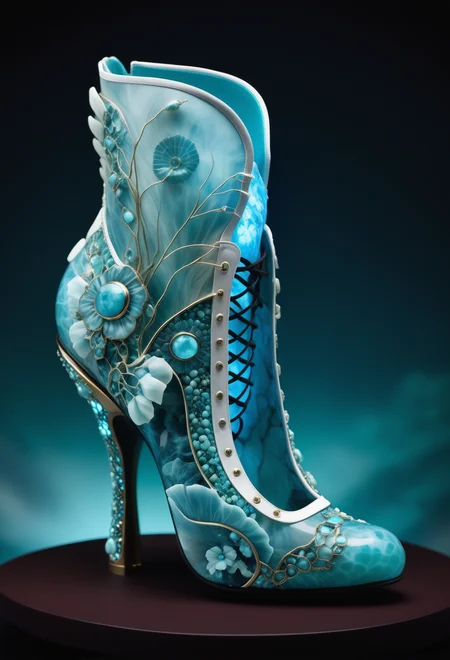 a Haute Couture shoe made out of reij-lmlrmr <lora:lumilarimar-000003:1>, Tattoo ink of a masterpiece, landscape of a Verdant Fields of the Harvest Festival, digital manipulation, flowing, highly decorated, intense, ambient atmosphere, stunning