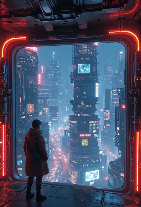 A cinematic over-the-shoulder shot of a character overlooking a high-tech cityscape. The scene is highly detailed and realistic, capturing the essence of sci-fi  aesthetics, with intricate elements like neon reflections .<lora:bv-cybstyenh-v1.safetensors:1.0:1.0>