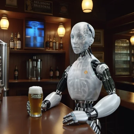 Sonny1024, a robot in a pub drinking a beer, highly detailed, photography, ultra sharp, film, professional, 64k <lora:add-detail-xl:1.5> <lora:Sonny1024:0.8>