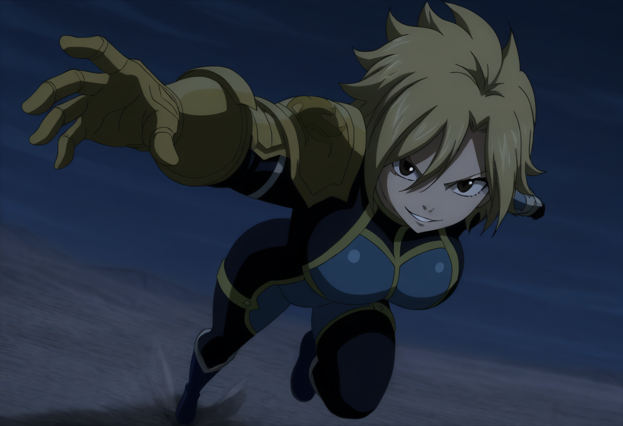 masterpiece, best quality, newest, absurdres, highres, fairy tail, anime screenshot, anime coloring, dark, outdoors, night, 1girl, solo, dimaria, brown eyes, bangs, short hair, blonde hair, hair between eyes, dimaria, brown eyes, bangs, short hair, blonde hair, hair between eyes, multicolored bodysuit, blue bodysuit, black bodysuit, yellow trim, skin tight, single pauldron, yellow pauldron, single gauntlet, yellow gauntlet, evil smile, incoming attack, foreshortening, dynamic pose, dual wieldingfull body, blue knee boots <lora:Dimaria_Yesta_all_in_one_last_Illustrious:1>