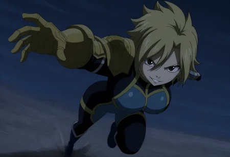 masterpiece, best quality, newest, absurdres, highres, fairy tail, anime screenshot, anime coloring, dark, outdoors, night, 1girl, solo, dimaria, brown eyes, bangs, short hair, blonde hair, hair between eyes, dimaria, brown eyes, bangs, short hair, blonde hair, hair between eyes, multicolored bodysuit, blue bodysuit, black bodysuit, yellow trim, skin tight, single pauldron, yellow pauldron, single gauntlet, yellow gauntlet, evil smile, incoming attack, foreshortening, dynamic pose, dual wieldingfull body, blue knee boots <lora:Dimaria_Yesta_all_in_one_last_Illustrious:1>