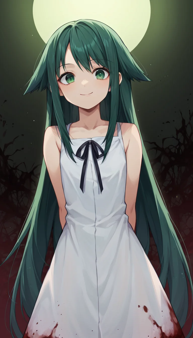 score_9, score_8_up, score_7_up, score_6_up, score_5_up,rating_safe, source_anime,
BREAK
saya, 1girl, young, dark green hair, white dress, green eyes, horror \(theme\), dark colors, gore, abstract background, blood, slight smile, arms behind back, dark red lighting on bottom, green lighting above, <lora:Saya Pony:1> <lora:age_slider_v4:-1>