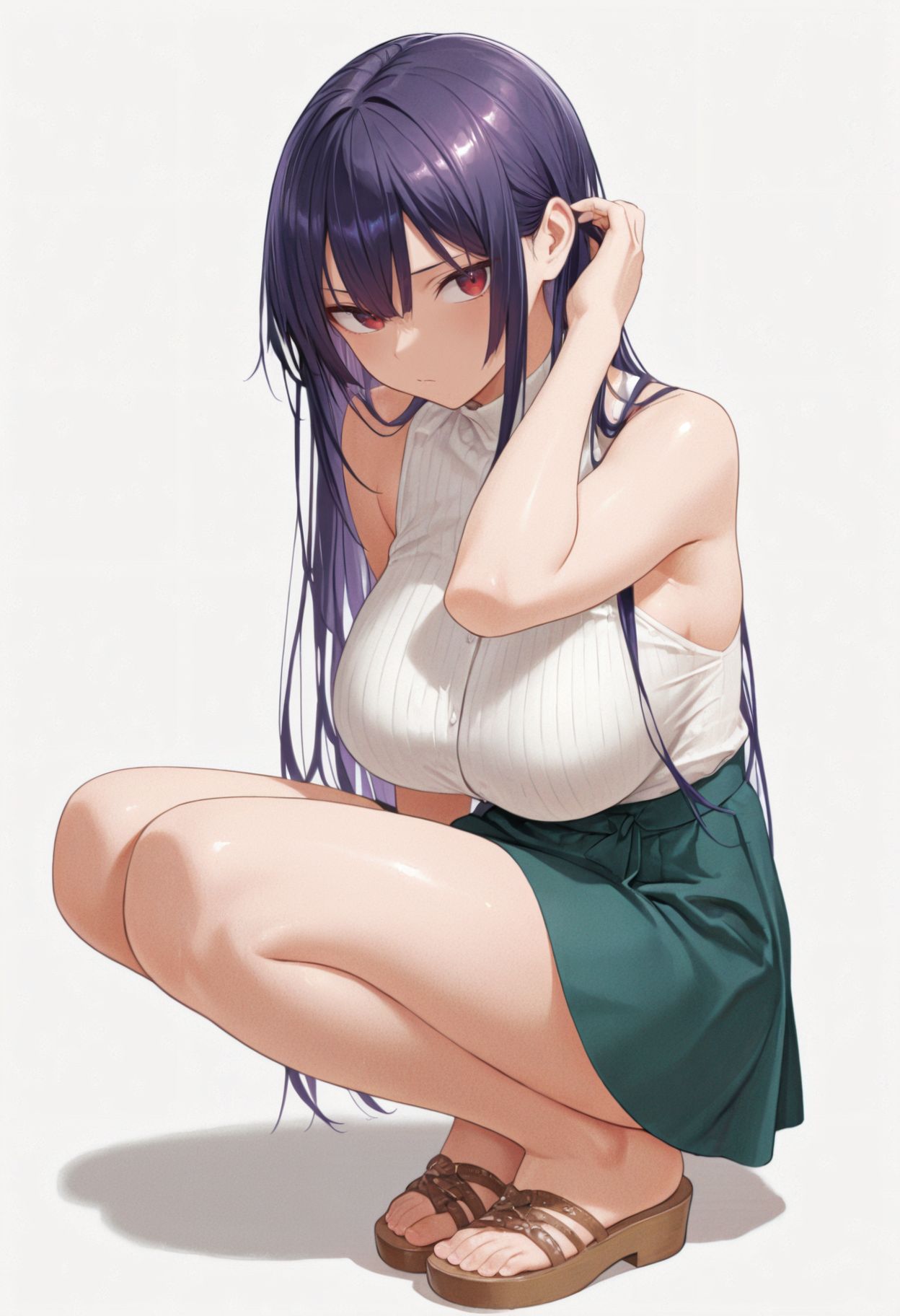 masterpiece,best quality,amazing quality, absurdres,<lora:takamine_takane_ilxl_goofy:1>  takamine takane, 1girl, adjusting hair, bare legs, bare shoulders, breasts, full body, green skirt, large breasts, long hair, looking at viewer, purple hair, red eyes, sandals, simple background, skirt, solo, white background