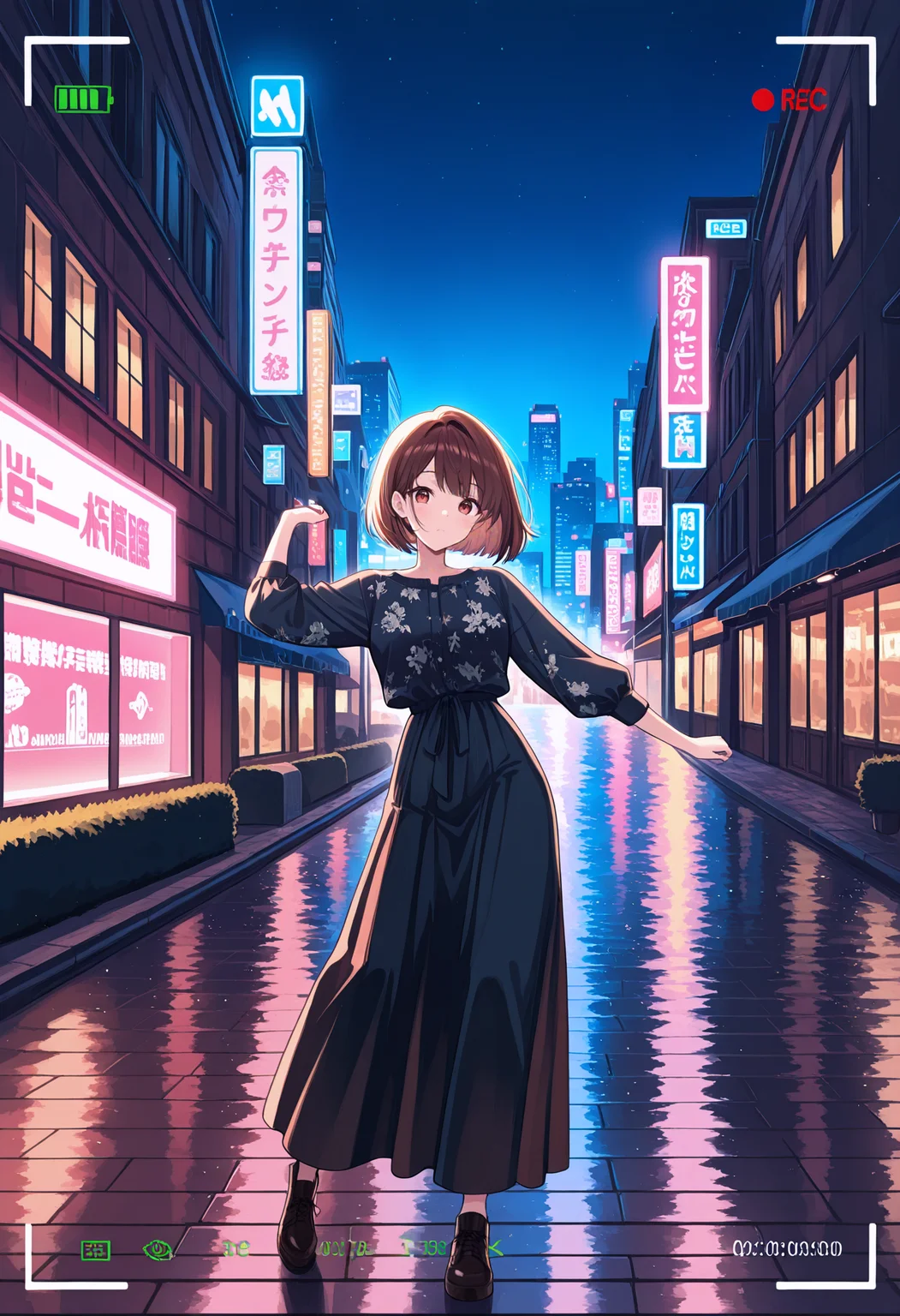 1girl, brown hair, bob, dancing,
outdoor, modern city, neon lighting, night time, looking at viewer,
cam3rafram3, white frame, REC symbol, timestamp, battery icon, HUD overlay, focus markers,
masterpiece, best quality, absurdres, newest, perfect quality, detailed background, intricate details, great lighting