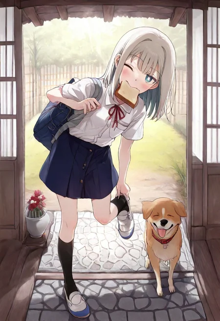 great quality,1girl,solo,almic,(akakura,ogipote,:0.75),(karlyn:0.7),,,great quality,, 1girl,(opne slide doors,front door, sliding doors),sunlight,pavement,yanegawara,comouth hold, food, toast in mouth, bag, toast, dog, shoes, food in mouth, ,  short sleeves, casual,, (hand on shoes:1.15),one leg up, (one feet up;1.1), black socks,white shoes, pocket and button shirt,white shirt,straight hair,medium hair, silver hair,blue eyes,white pupils, jitome, (red ribbon:0.8) ,dark blue skirt,shouji,outdoors. holding bag,school bag,dark blue bag,grass, bent over, leaning forward,wooden sholf,vase,hand on wall,whit wall