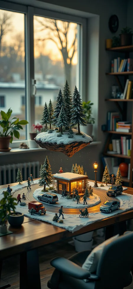(indoor,very wide isometric view,tilt-shift lens:1.6), (windowless,fna_style,miniature,miniature,diorama,miniature,diorama,PVC,plastic:2),dawn snow,forest,parking lot with crowded at (floating island,levitating island:1.5) on (table:2) at (attic:2.5) <lora:Diorama_Flux:1>
<lora:Fantasy_Novel_Art_Style:1>