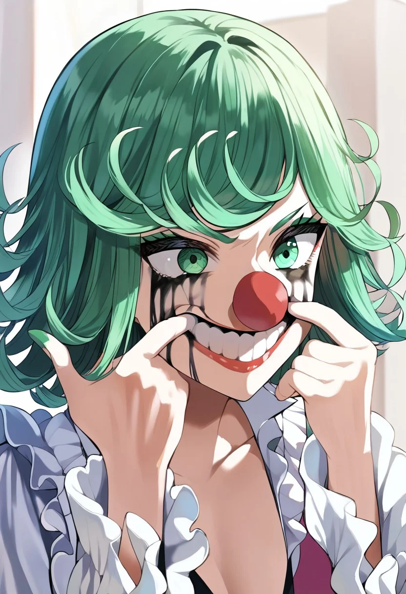 score_9, score_8_up, score_7_up, source_anime, hi res, masterpiece, best quality, highres, rkanime_ps, forced smile, mouth pull, fingersmile, makeup, clown nose, runny makeup, 1girl, tatsumaki