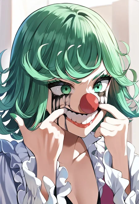 score_9, score_8_up, score_7_up, source_anime, hi res, masterpiece, best quality, highres, rkanime_ps, forced smile, mouth pull, fingersmile, makeup, clown nose, runny makeup, 1girl, tatsumaki
