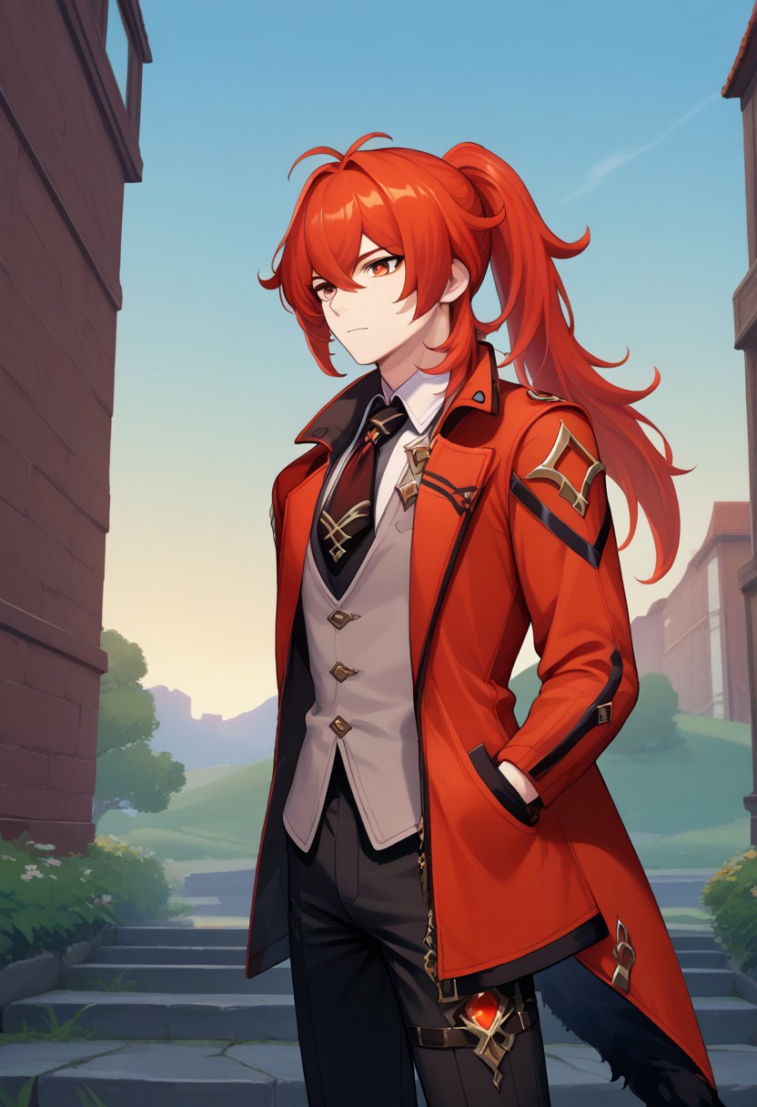 score_9, score_7_up, source_anime 
diluc, 1boy, male focus, solo, red eyes, red hair, long hair, ponytail, high ponytail, bangs, hair between eyes, antenna hair, alternate costume, shirt, necktie, grey vest, coat, red coat, pants, black pants, vision (genshin impact),
outdoor, sky,