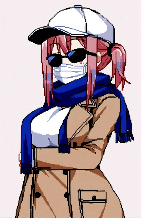 character: Mizuki (ç¾æ), character: Mizuki (ç¾æ) clothes2, pixel art, 1girl, solo, pink hair, large breasts, sunglasses, blue scarf, white baseball cap, cowboy shot, brown coat, side ponytail, white surgical mask<lora:summer memories v8.3 (夿è£
æ£ååå¾ç¿»è½¬)-000005:1>
