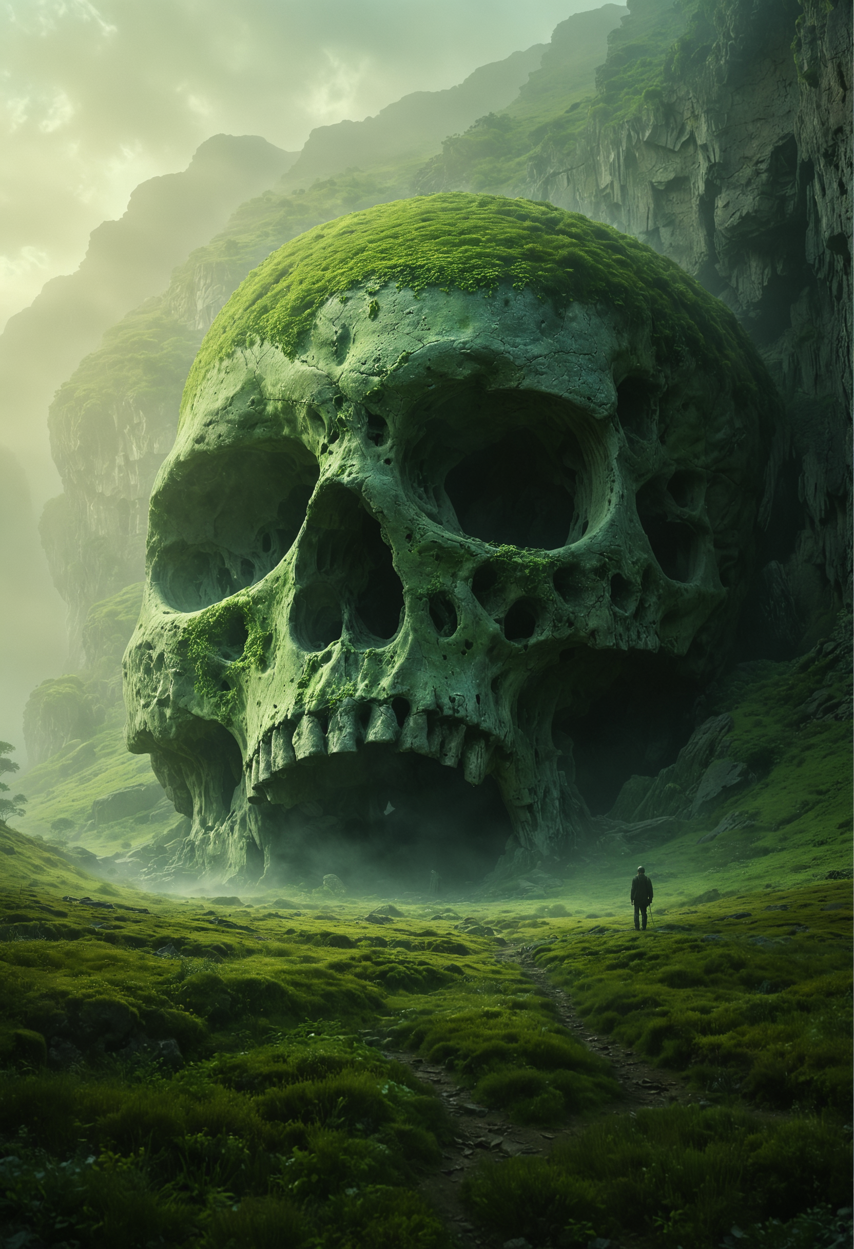 A solitary figure stands in a verdant valley, leading to a colossal weathered skull-shaped cave entrance under a hazy sky, with light mossy greens on the skull blending into the stony grays, while the cave mouth is shrouded in misty light blues and a soft ethereal glow, <lora:MJ52:0.3>, <lora:SDXLFaeTastic2400:0.4>, <lora:zavy-cntrst-sdxl:0.7>