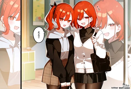 very awa, masterpiece, best quality, year 2024, newest, highres, absurdres, <lora:age_slider_v4:3> <lora:thicc_v1.4-pony:1.2>,detailed_background,indoors,puffy long sleeves,black pantyhose,multiple girls,black ribbon,shirt,cardigan,highres,brown eyes,looking at viewer,pleated skirt,brown skirt,absurdres,hair ribbon,puffy sleeves,holding bag,hair between eyes,dress shirt,sofra,plaid skirt,white cardigan,2girls,notice lines,:d,sleeves past wrists,holding,shoulder bag,hood down,open mouth,black skirt,collared shirt,medium breasts,skirt,hood,pink shirt,drawstring,plaid clothes,red hair,red eyes,long sleeves,zoom layer,smile,pantyhose,ribbon,black shirt,hoodie,bag,breasts,side ponytail,grey hoodie