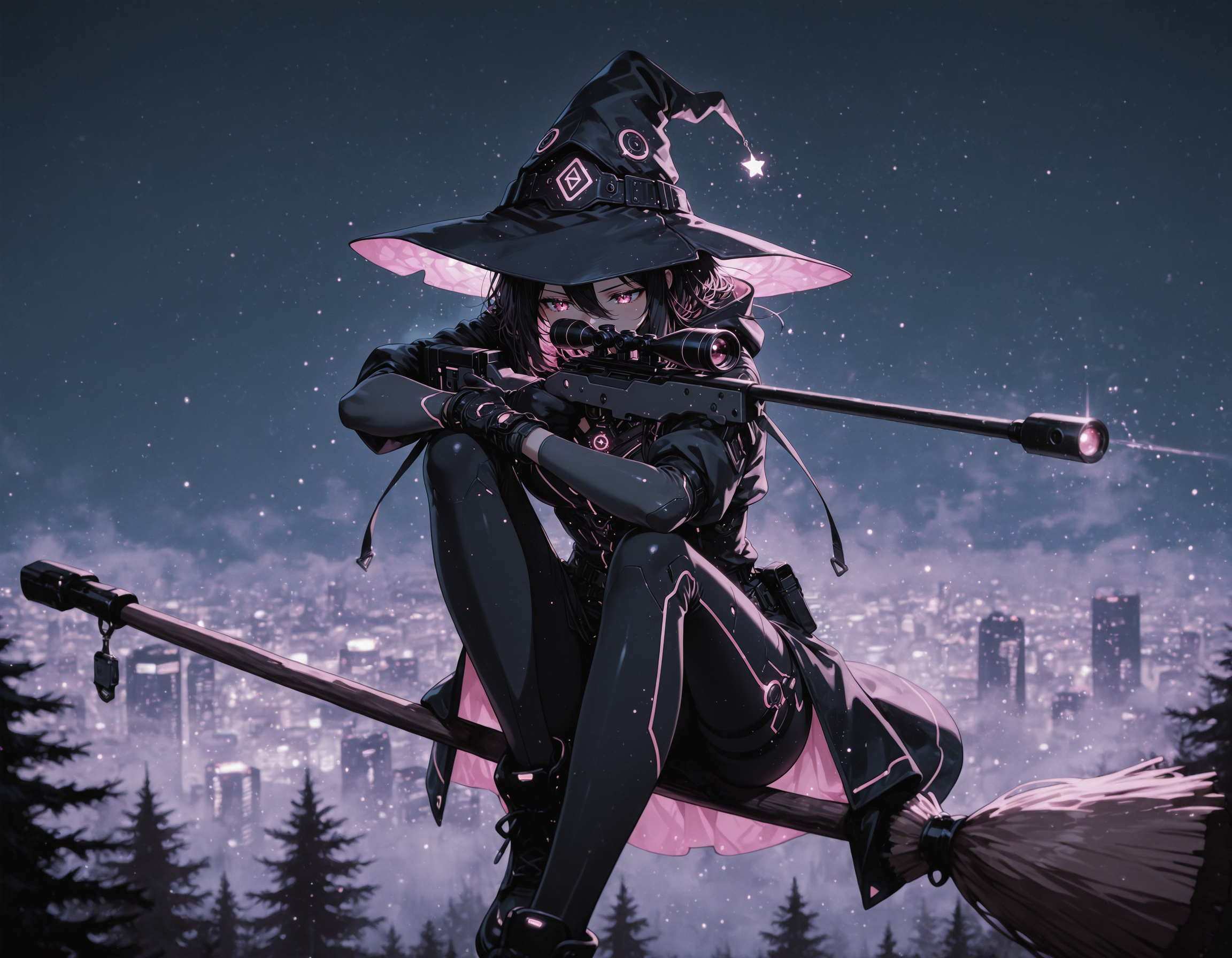<lora:cyberwitches:0.6> cyberwitches, witch hat, black gloves, hood,  <lora:Bloom Surfing:0.7> 1girl, witch hat, broom surfing, forest, skyline, fog,  <lora:seated_sniper_cradle_ill_v3.5:0.6> 5n1p3r_cr4dl3, holding sniper, futuristic sniper rifle, sniper on arm, crossed arms, arm on knee, arm on top, thumb grip, aiming, wrist grab, dynamic pose, night, glowing particles,