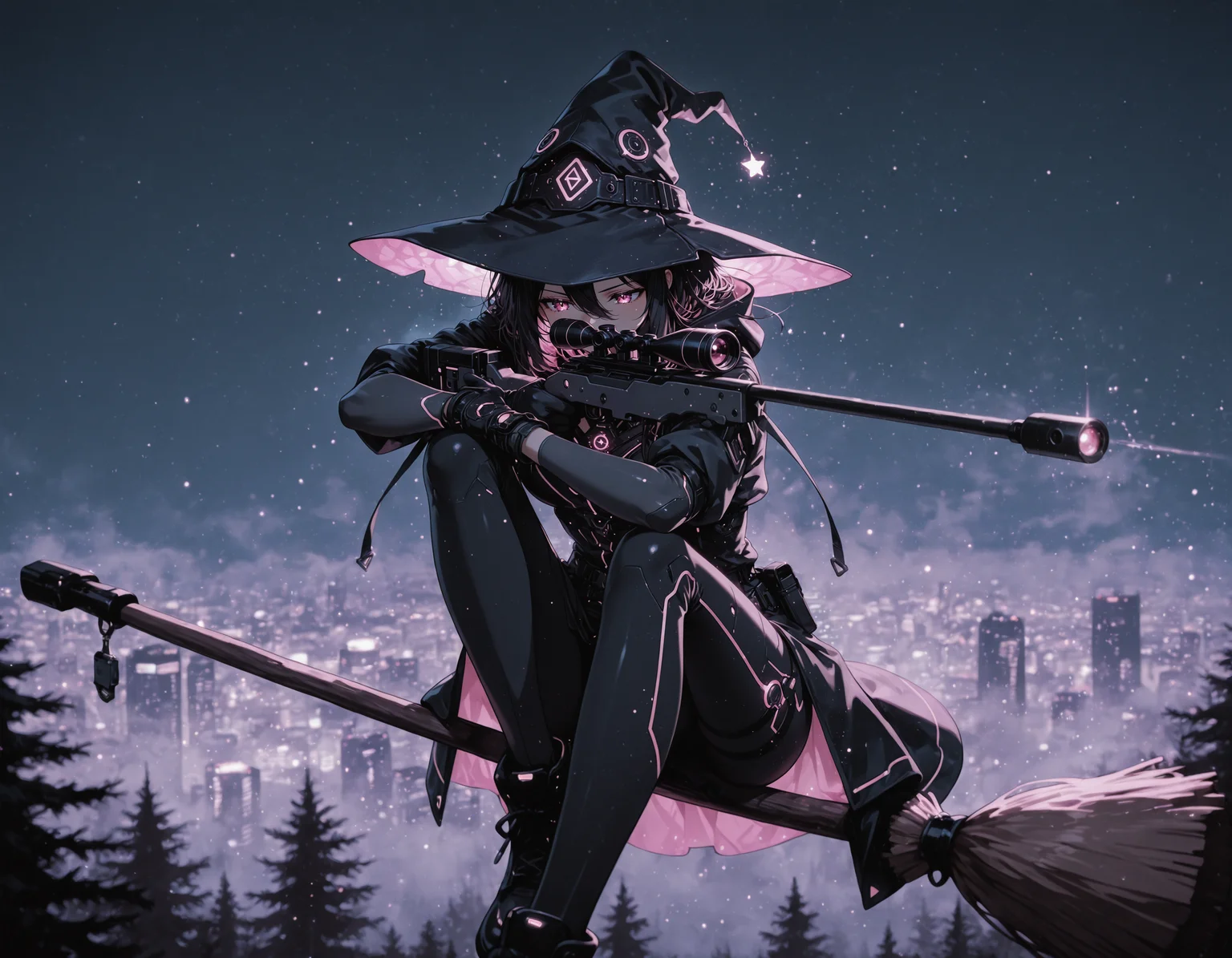 <lora:cyberwitches:0.6> cyberwitches, witch hat, black gloves, hood, <lora:Bloom Surfing:0.7> 1girl, witch hat, broom surfing, forest, skyline, fog, <lora:seated_sniper_cradle_ill_v3.5:0.6> 5n1p3r_cr4dl3, holding sniper, futuristic sniper rifle, sniper on arm, crossed arms, arm on knee, arm on top, thumb grip, aiming, wrist grab, dynamic pose, night, glowing particles,
