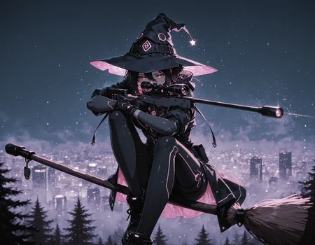 <lora:cyberwitches:0.6> cyberwitches, witch hat, black gloves, hood,  <lora:Bloom Surfing:0.7> 1girl, witch hat, broom surfing, forest, skyline, fog,  <lora:seated_sniper_cradle_ill_v3.5:0.6> 5n1p3r_cr4dl3, holding sniper, futuristic sniper rifle, sniper on arm, crossed arms, arm on knee, arm on top, thumb grip, aiming, wrist grab, dynamic pose, night, glowing particles,